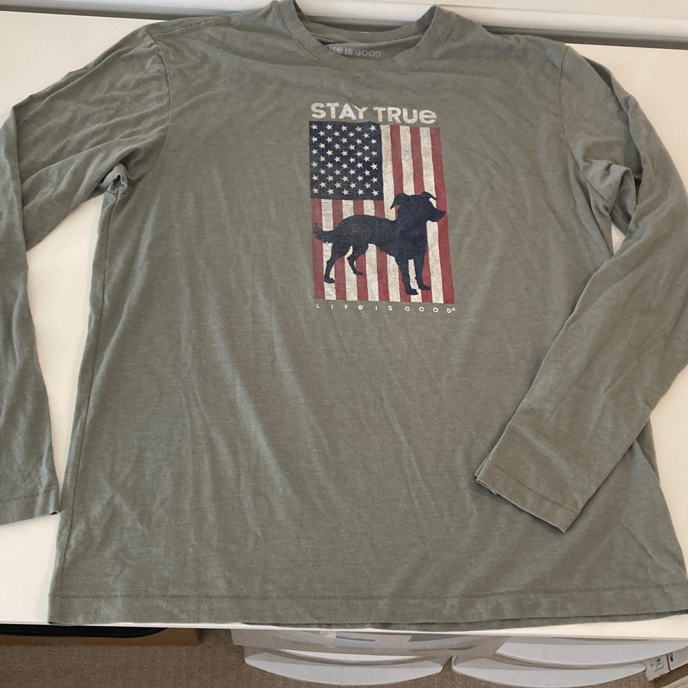 ❤ Life Is Good Dog American Flag Classic Cool Long Sleeve Crew Tee Shirt large